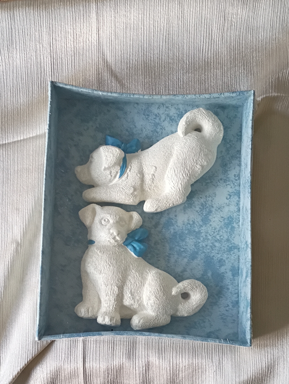 White Puppy Wall Plaques with Blue Bows